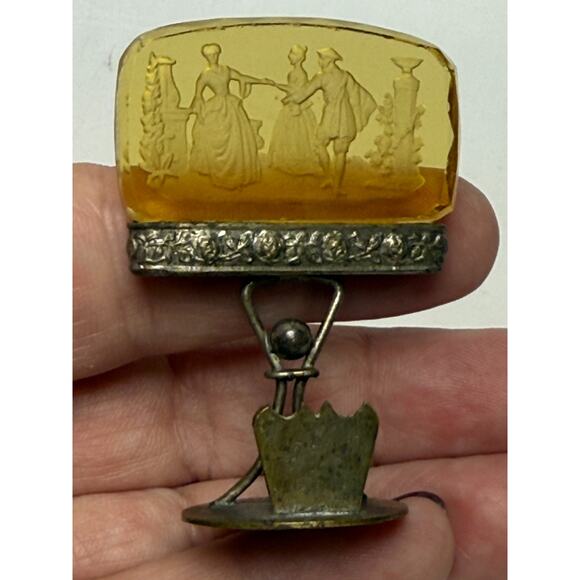 Antique Austria Intaglio Yellow Amber Glass & Metal Card Place Holder Courting - Picture 3 of 6